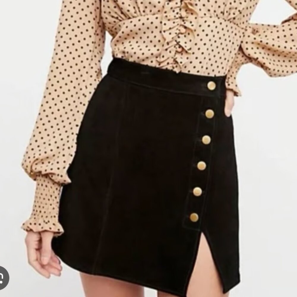 Free People Black Suede Mini-Skirt in Wrap Style with Brass Buttons